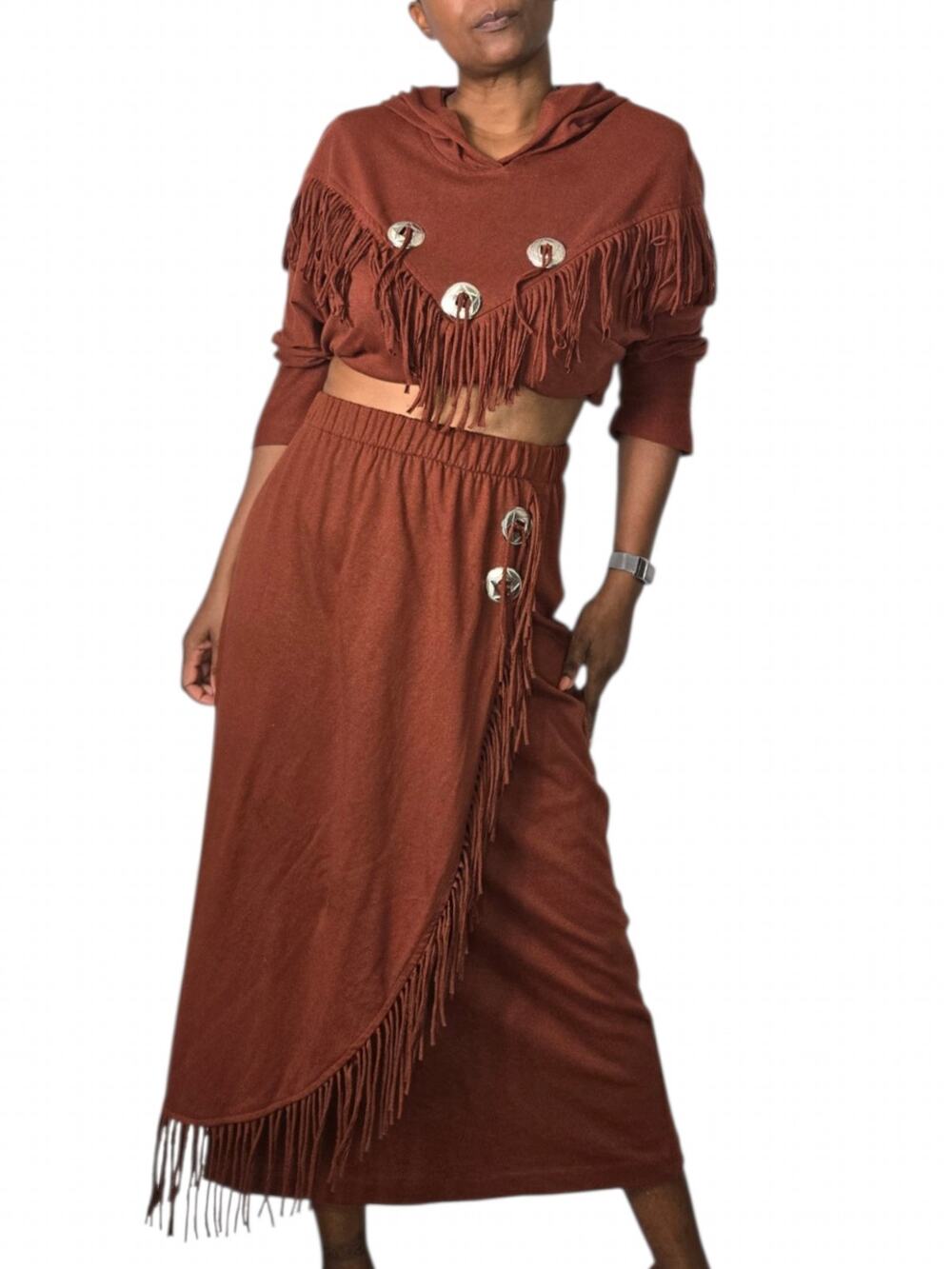 Vintage 80s Southwestern Fringe Concho Hood Crop Top Maxi Skirt Set Brown Medium